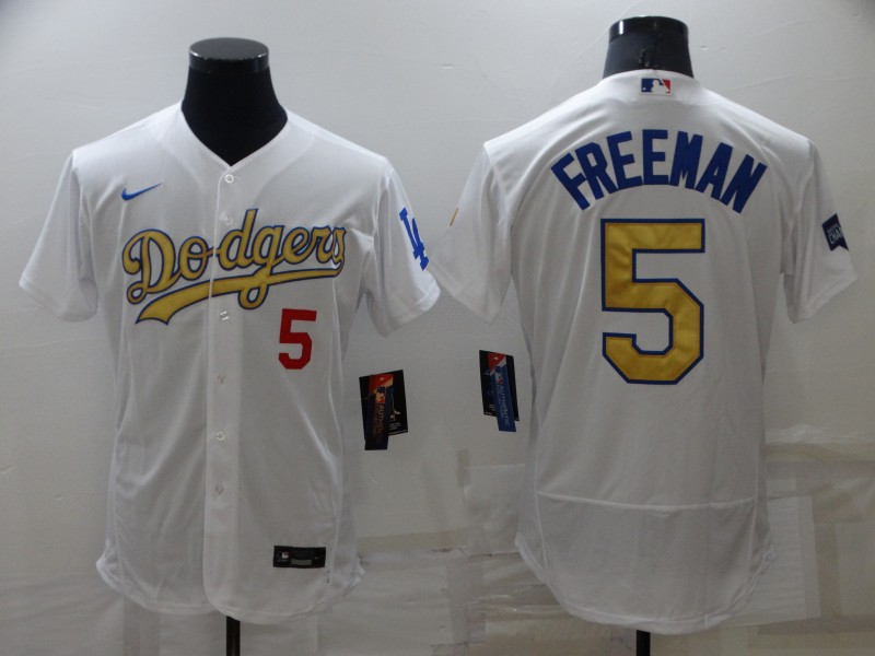 Men's White Gold Los Angeles Dodgers #5 Freddie Freeman Flex Base Stitched Jersey